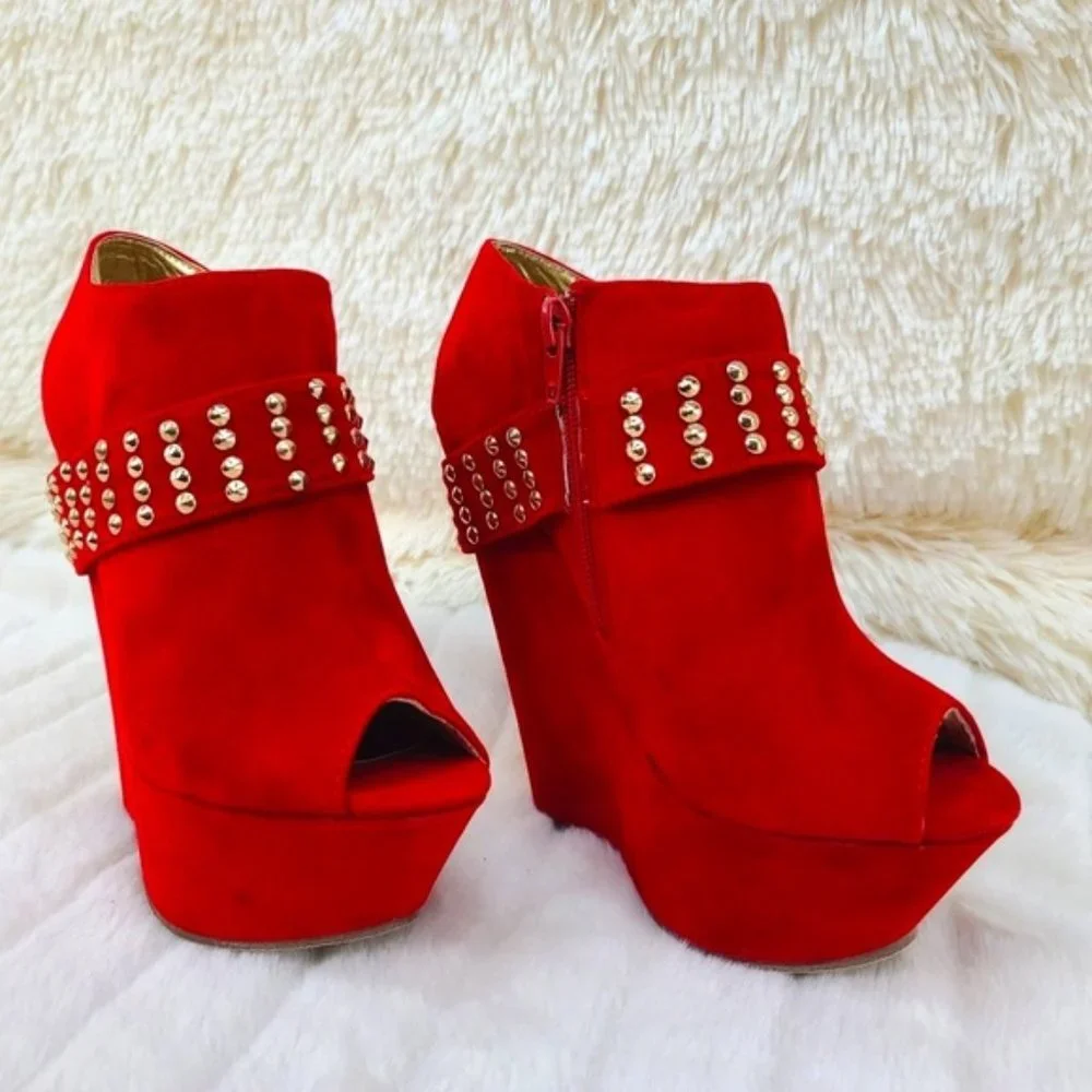* Mona Mia Red Adorable Faux Suede Peep Toe Wedge Booty